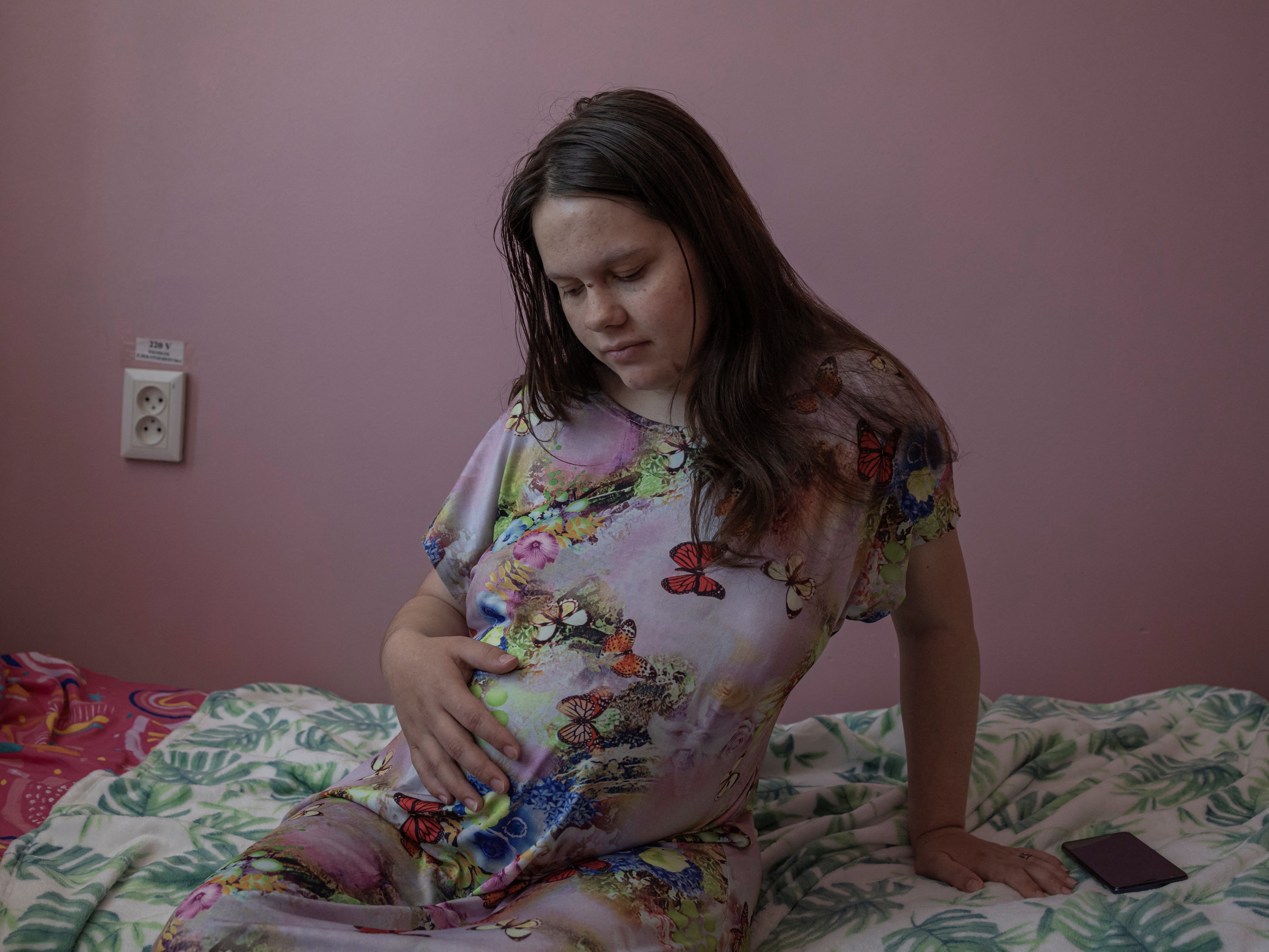 Pregnant Viktoriya Sokolovska sits inside Pokrovsk maternity hospital, Donetsk, eastern Ukraine