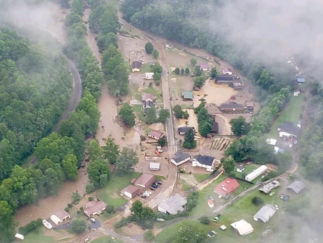 <p>Aerial footage shows flooding in Pilgrim’s Knob, Virginia, a small community in rural Buchanan County </p>