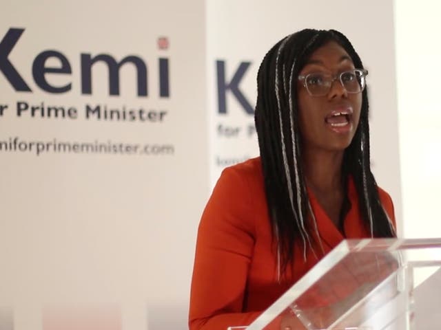 <p>Kemi Badenoch speaking at her launch event</p>