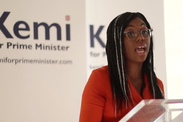 <p>Kemi Badenoch speaking at her launch event</p>