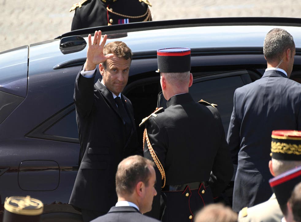 <p>Waving goodbye to Russian gas. French President Emmanuel Macron leaves after attending the Bastille Day military parade on the Champs-Elysees </p>