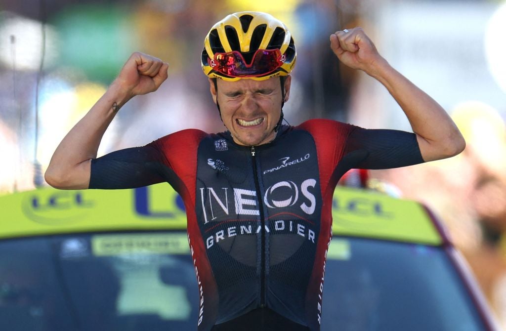 Thomas Pidcock celebrates after winning the 12th stage of the Tour de France at Alpe d’Huez
