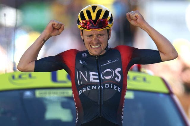 <p>Thomas Pidcock celebrates after winning the 12th stage of the Tour de France at Alpe d’Huez</p>