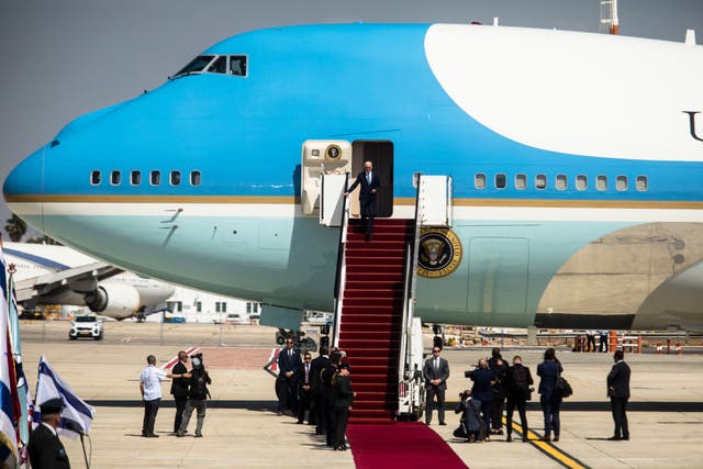 <p>Joe Biden descends the stairs from Air Force One in Israel</p>