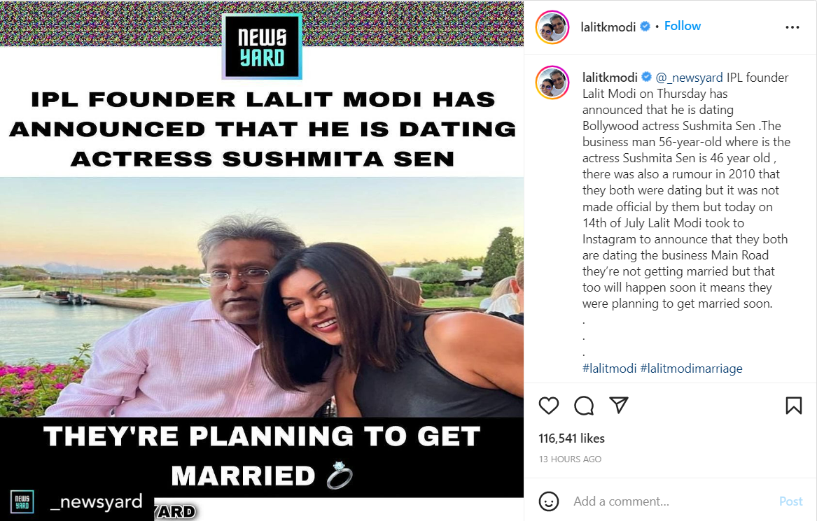 Lalit Modi shared a news article confirming his romance with ex Miss Universe Sushmita Sen