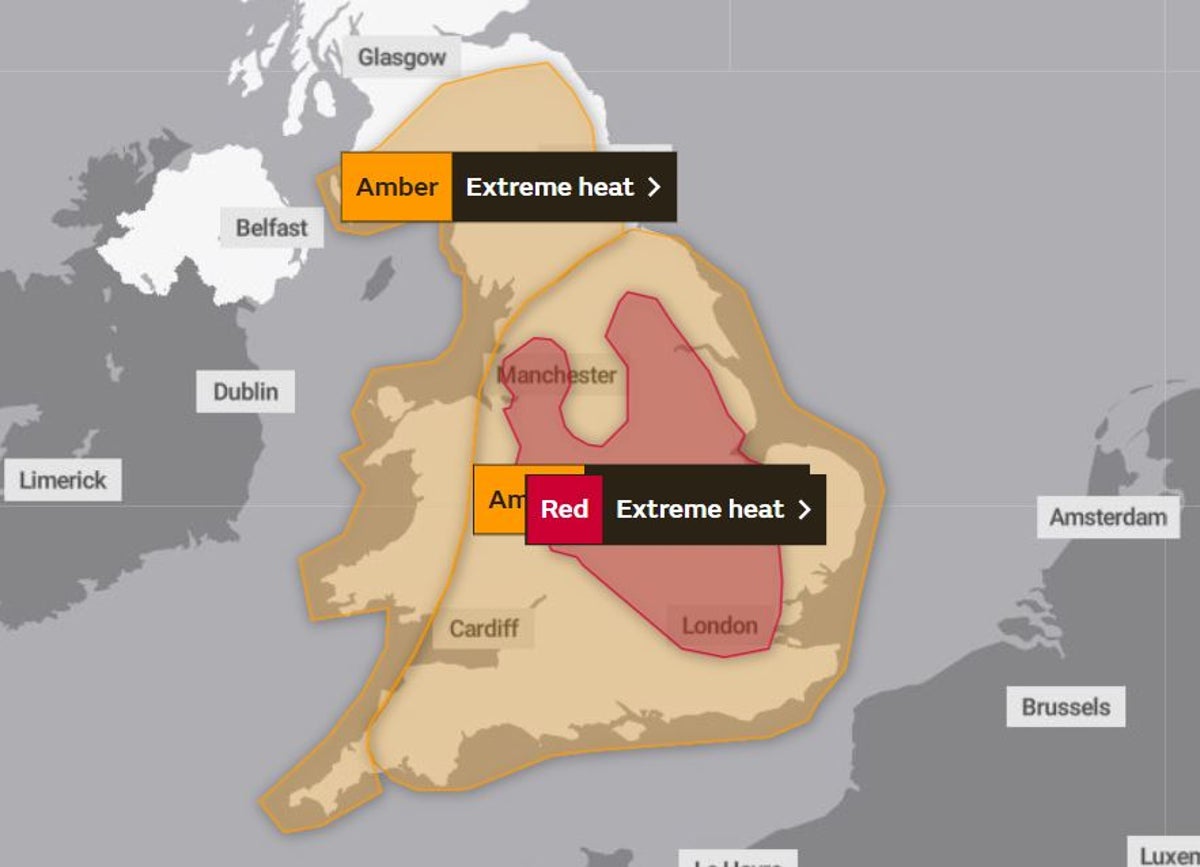 UK on red alert as Met Office issues warning of ‘exceptional hot spell’ on Monday and Tuesday