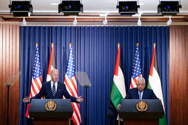 <p>U.S. President Joe Biden speaks during a joint statement with Palestinian President Mahmoud Abbas at the West Bank town of Bethlehem, Friday, July 15, 2022. (AP Photo/Evan Vucci)</p>