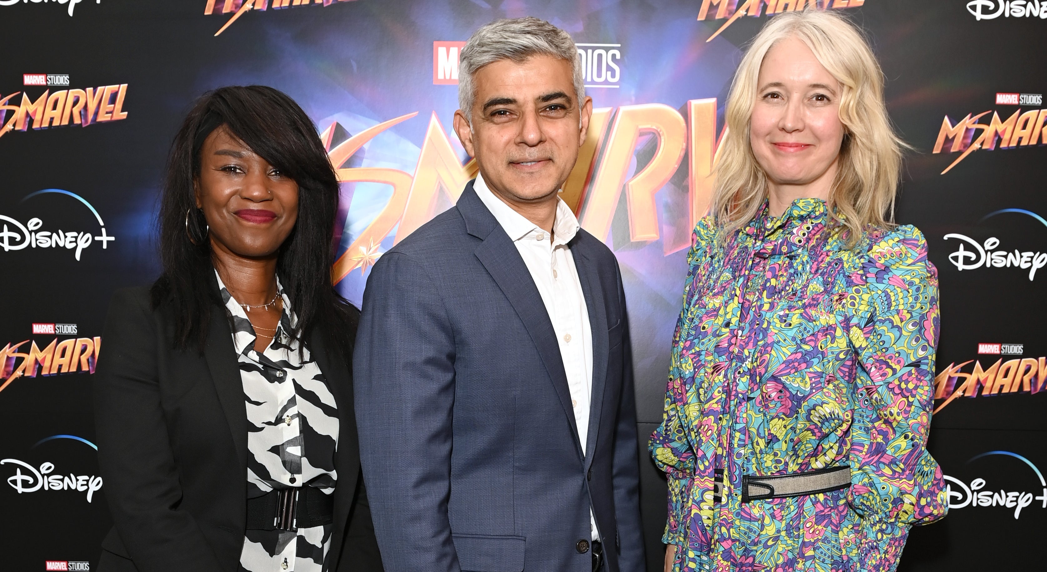 (L-R) Debbie Weekes-Bernard, London Mayor Sadiq Khan and Justine Simons OBE attend a special community screening of "Ms Marvel" at Rich Mix Cinema on June 07, 2022 in London, England.
