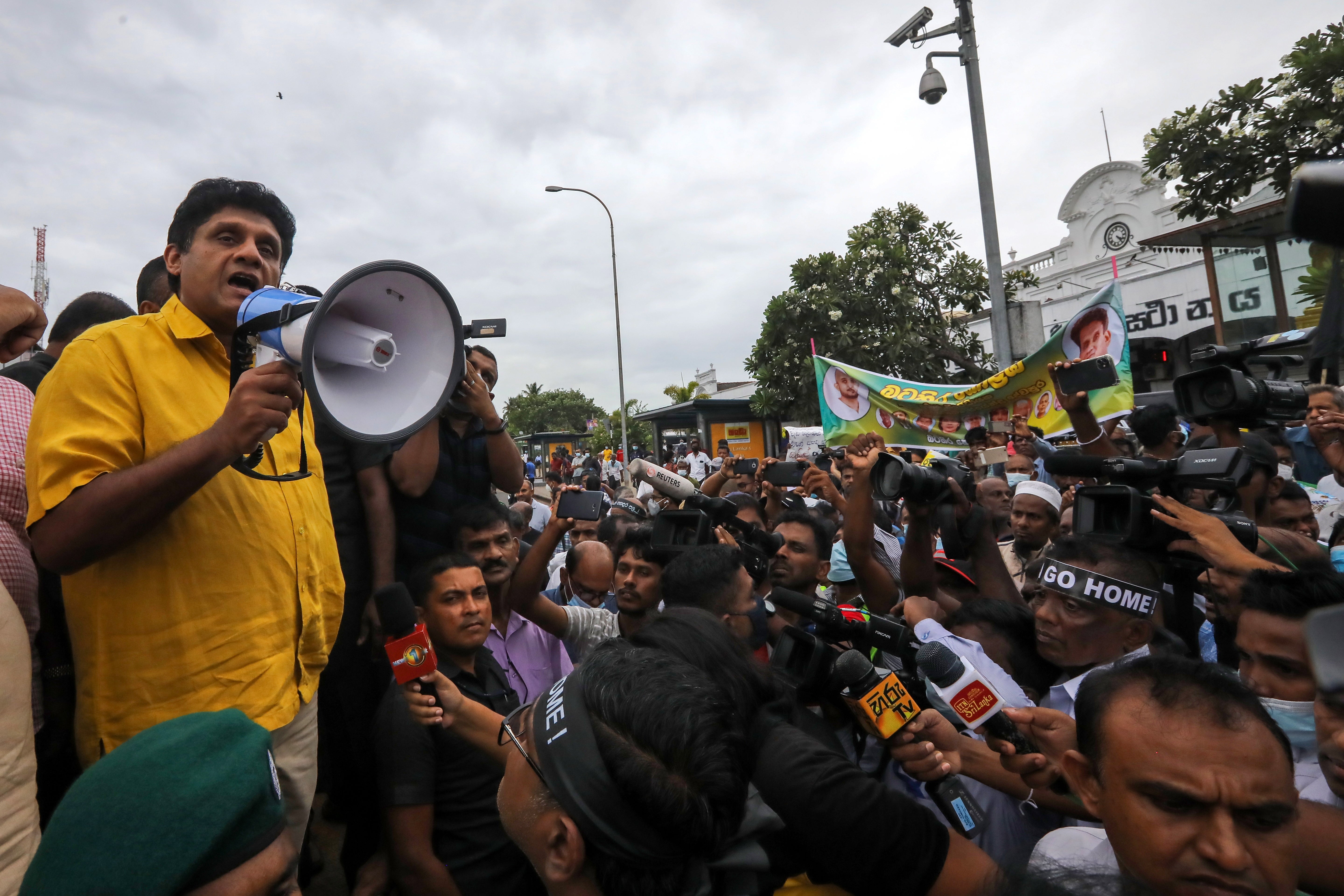 Sri Lanka’s Opposition Leader and leader of the Samagi Jana Balawegaya Sajith Premadasa during protest