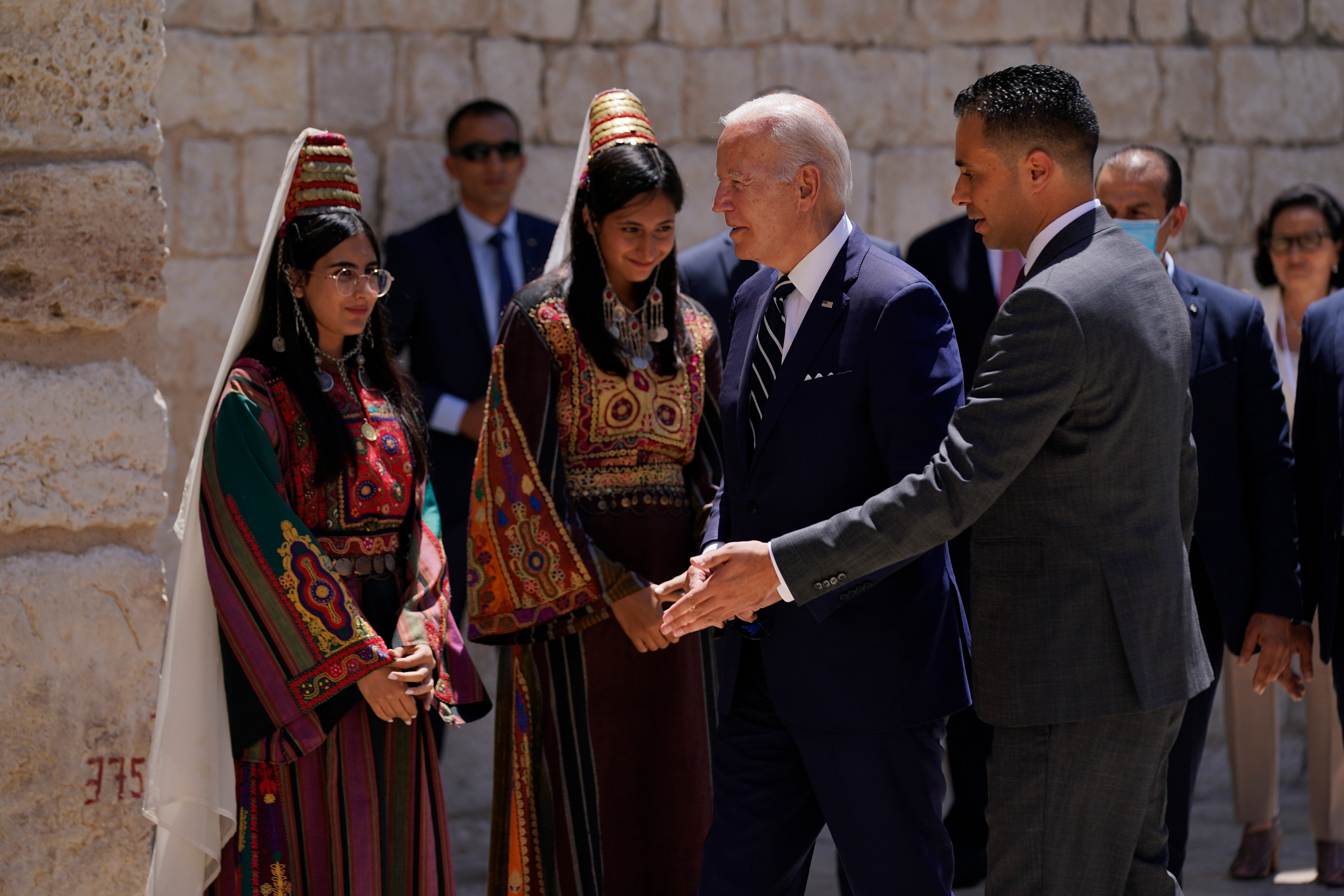 President Joe Biden arrives for a visit at the Church of the Nativity, traditionally believed to be the birthplace of Jesus Christ, at the West Bank town of Bethlehem