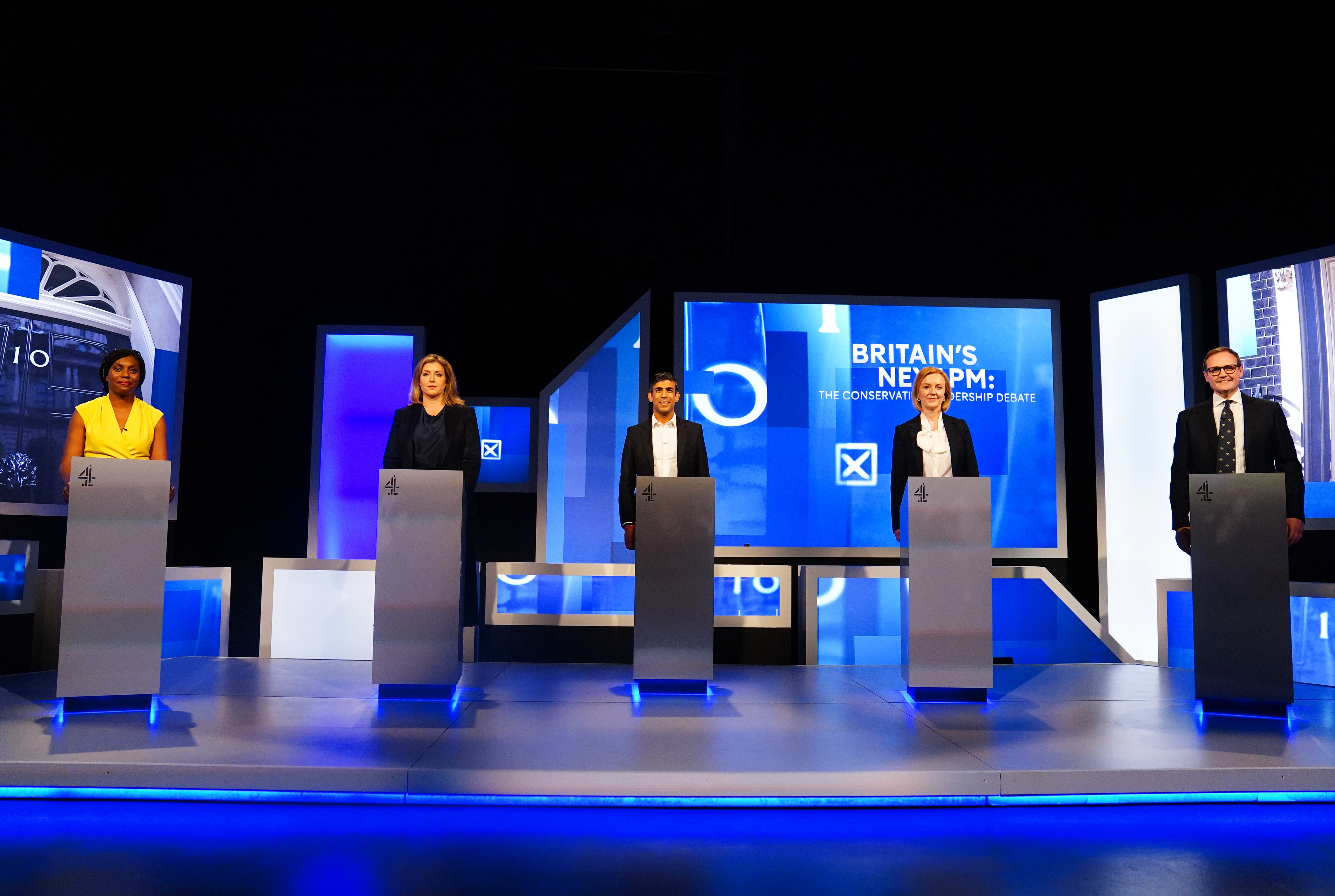 (l to r) Kemi Badenoch, Penny Mordaunt, Rishi Sunak, Liz Truss and Tom Tugendhat at the debate (Victoria Jones/PA)