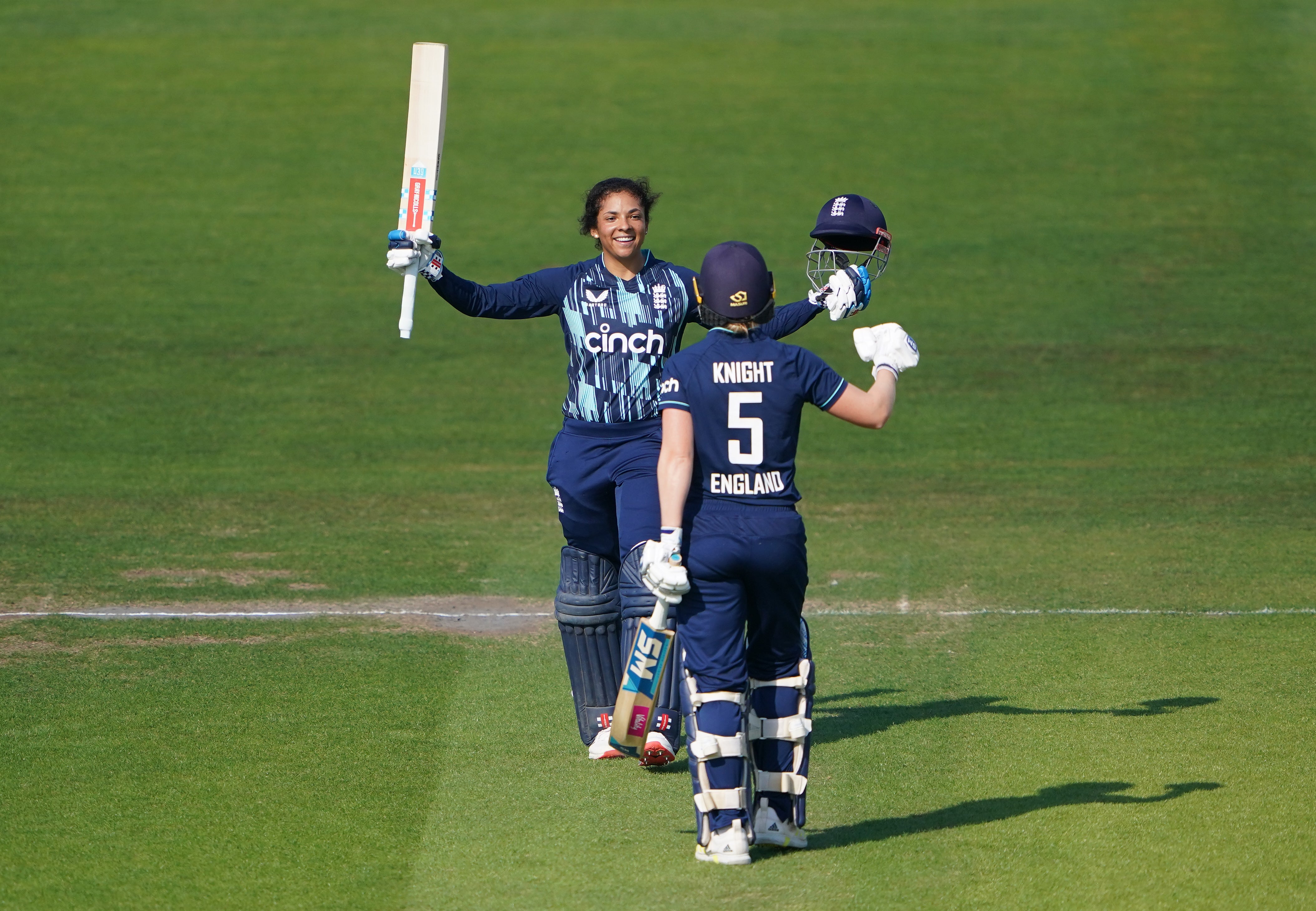 England’s Sophia Dunkley celebrates her century against South Africa (Zac Goodwin/PA)