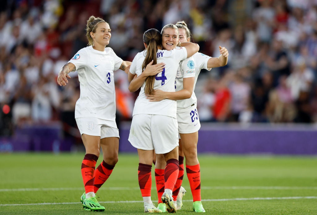 Alessia Russo (centre) scored her second and third goals of Euro 2022