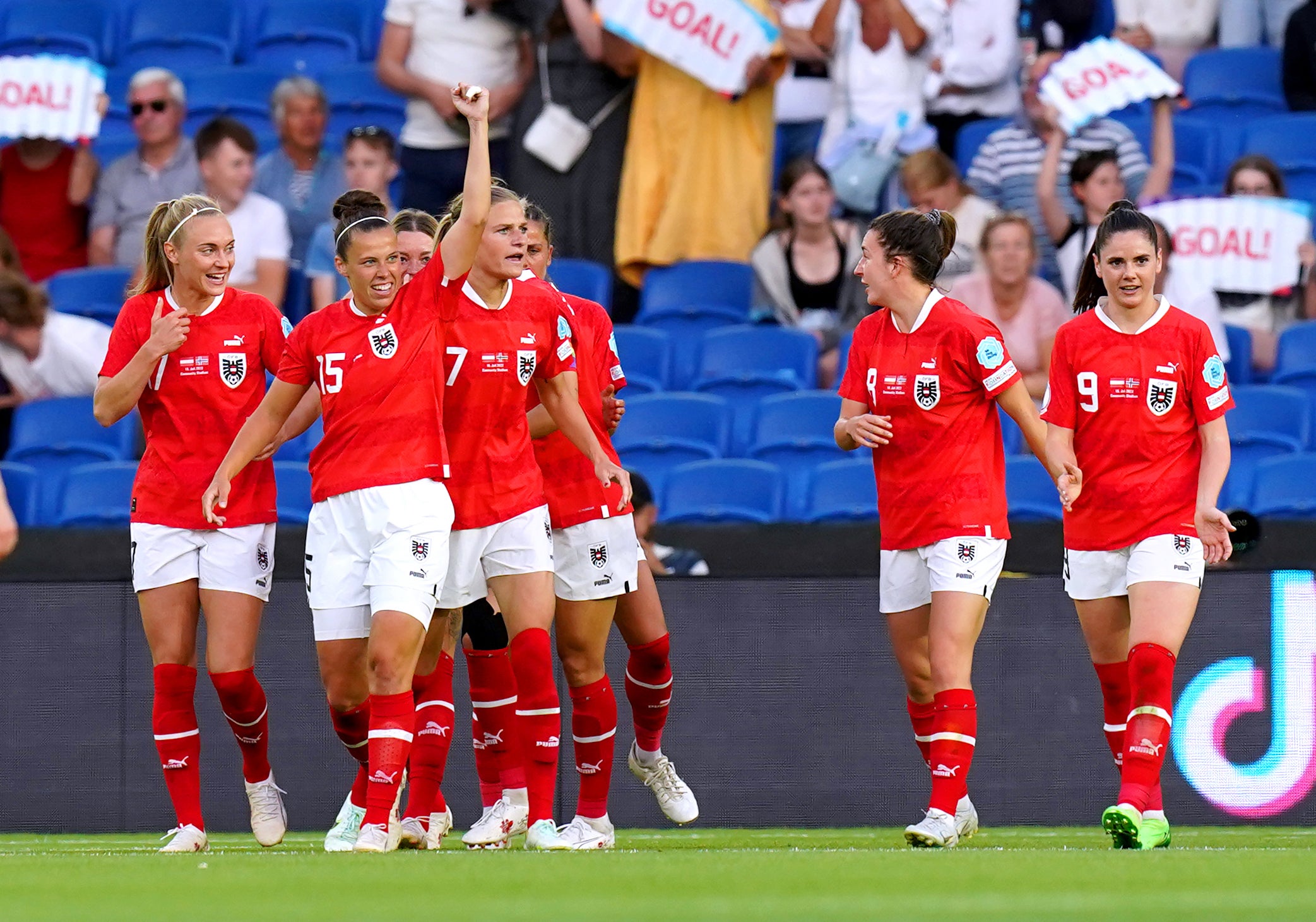 Austria’s Nicole Billa (second left) celebrates her winning goal against Norway (Gareth Fuller/PA)