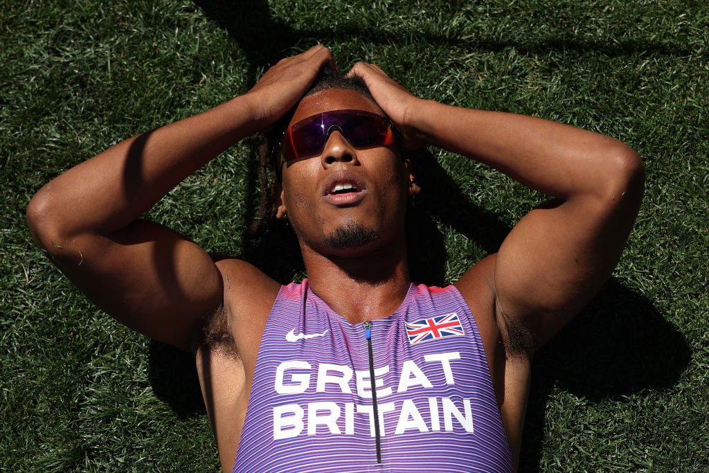 Alex Haydock-Wilson of Team Great Britain reacts after the 4x400m mixed relay