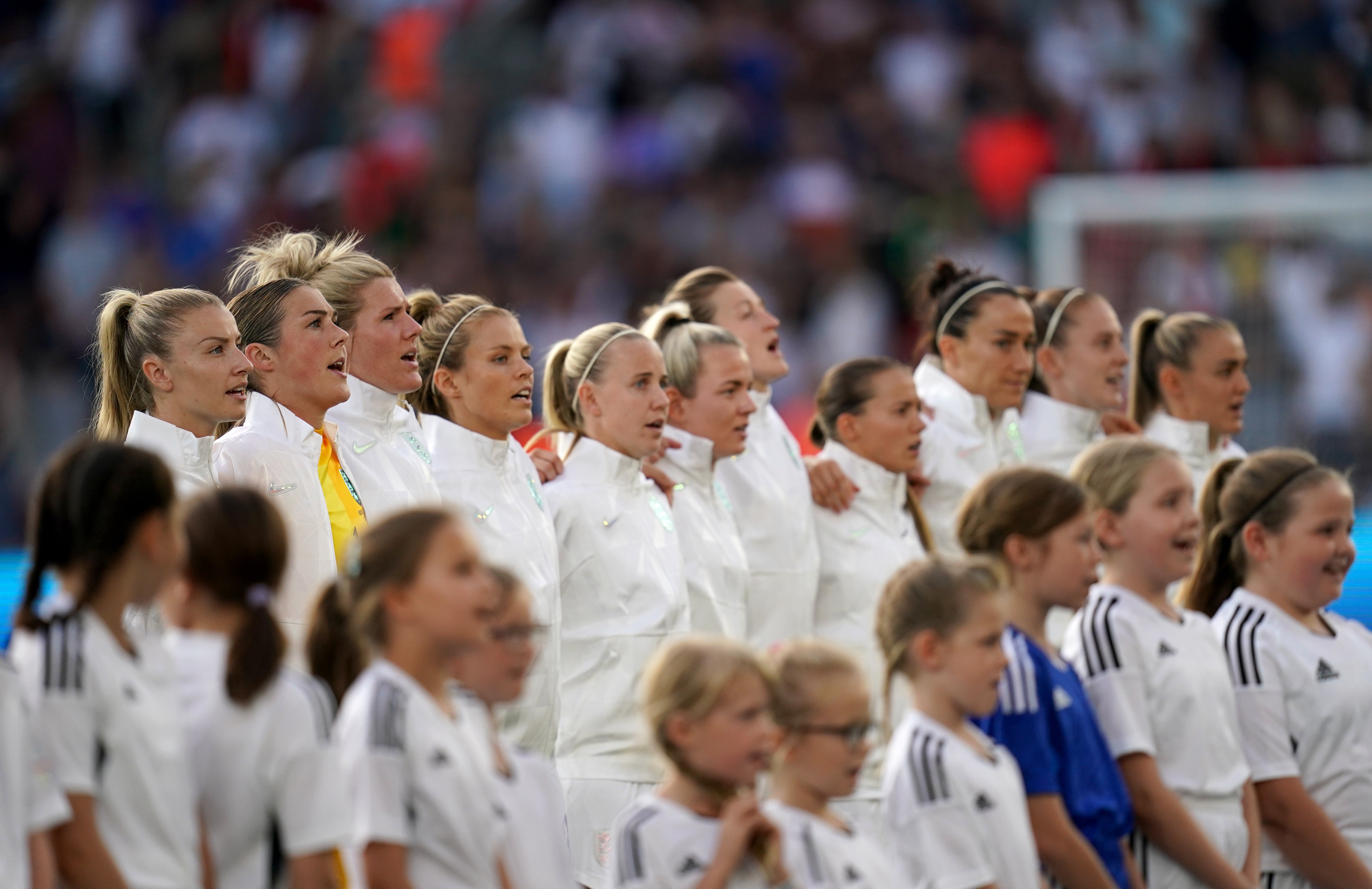 England’s players sing the national anthem ahead of their 5-0 Euro 2022 victory over Northern Ireland (John Walton/PA)
