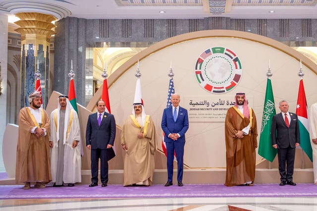 <p>President Joe Biden stands shoulder to shoulder with Saudi Crown Prince Mohammed bin Salman for a photo on Saturday </p>