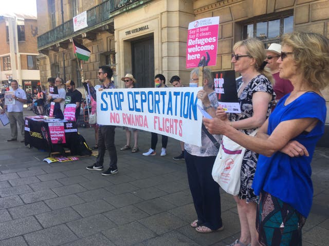 Activists in Cambridge protest against the Government’s policy of deporting some migrants to Rwanda (Stand Up To Racism)
