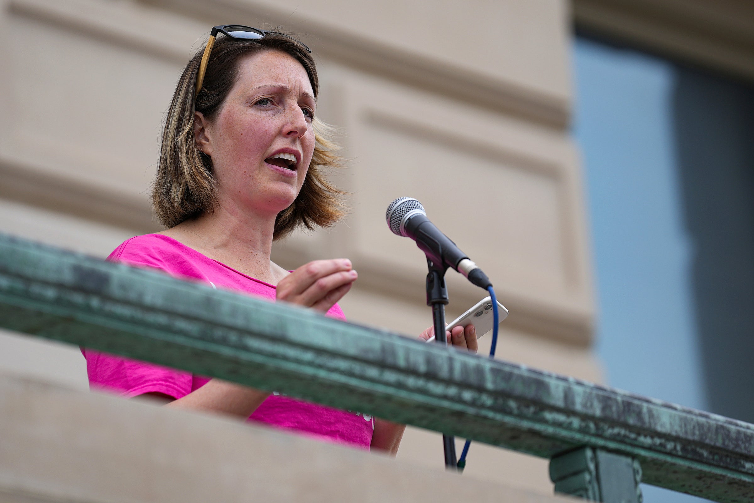Dr Caitlin Bernard, a reproductive healthcare provider, speaks during an abortion rights rally on June 25, 2022, at the Indiana Statehouse in Indianapolis