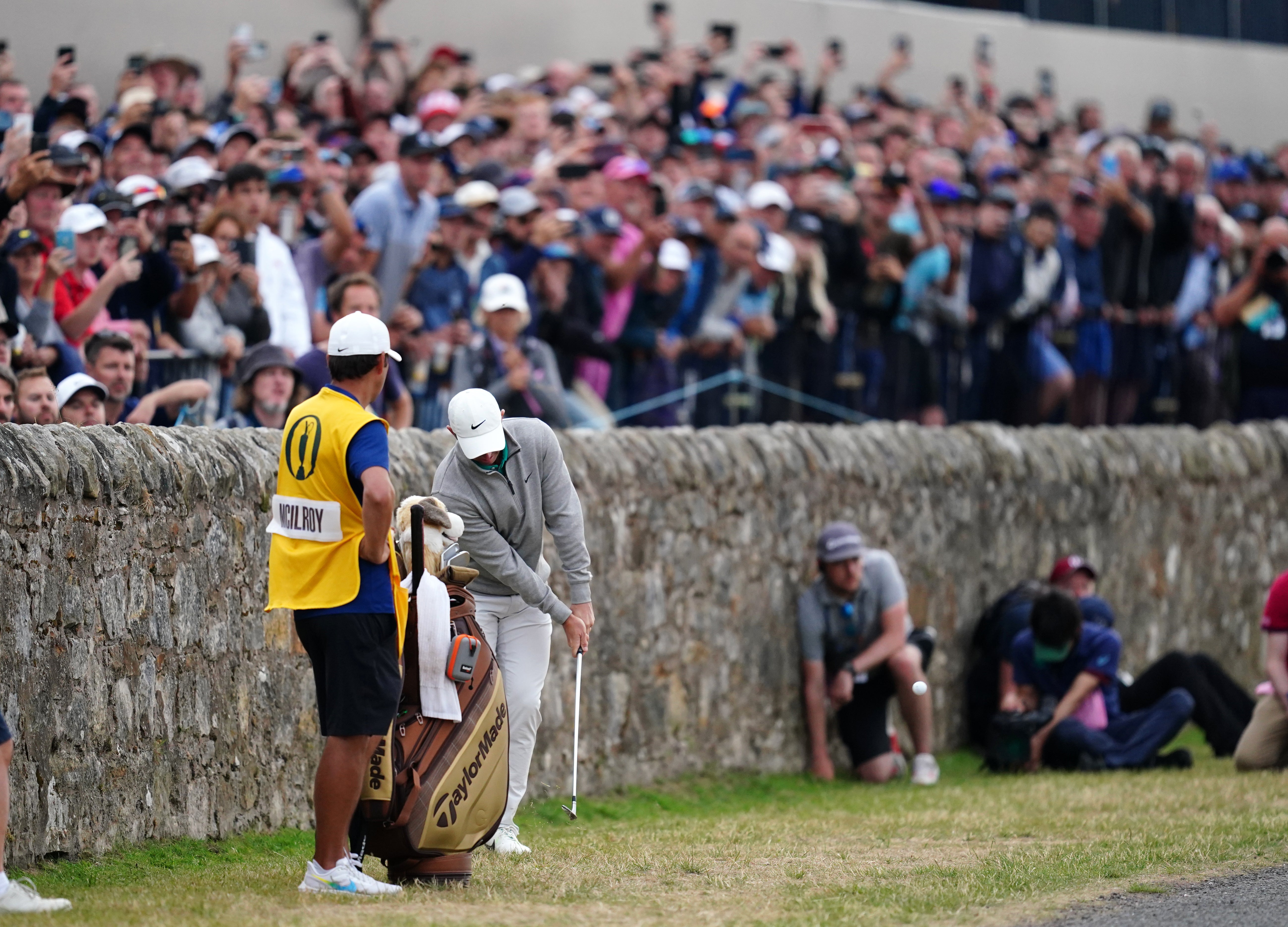 Northern Ireland’s Rory McIlroy bogeyed the Road Hole after encountering trouble with the perimeter course wall (David Davies/PA)