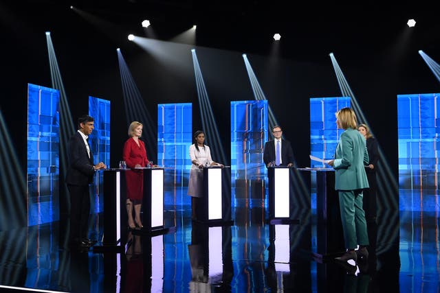 Rishi Sunak taking part in Britain’s Next Prime Minister: The ITV Debate, a head-to-head debate between Conservative party leadership candidates (Jonathan Hordle/ITV Handout/PA)