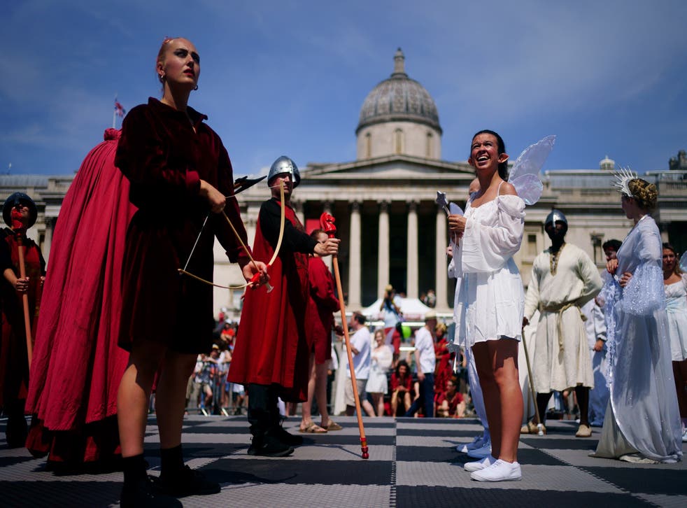 A living chess set, with 32 professional actors taking on the role of the chess pieces, take part in ChessFest, the UK’s largest one-day chess event, at Trafalgar Square, central London. Picture date: Sunday July 17, 2022.