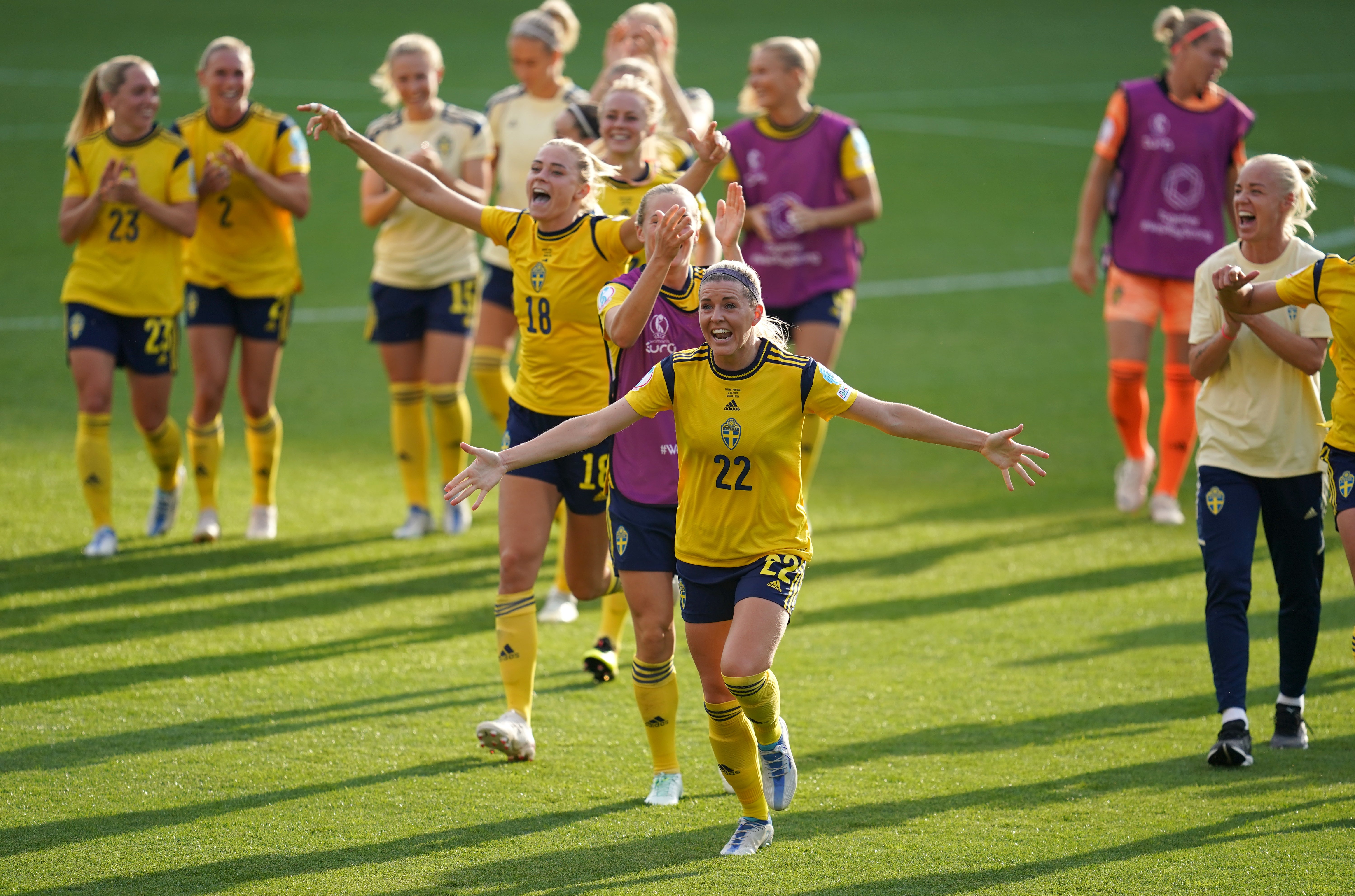 Sweden celebrate securing qualification for the Euro 2022 quarter-finals (Nick Potts/PA)