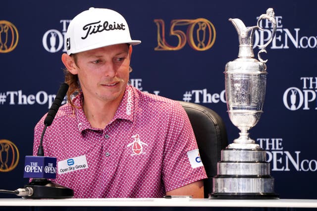 <p>Cameron Smith with the Claret Jug in a press conference after winning The Open at St Andrews (Jane Barlow/PA)</p>