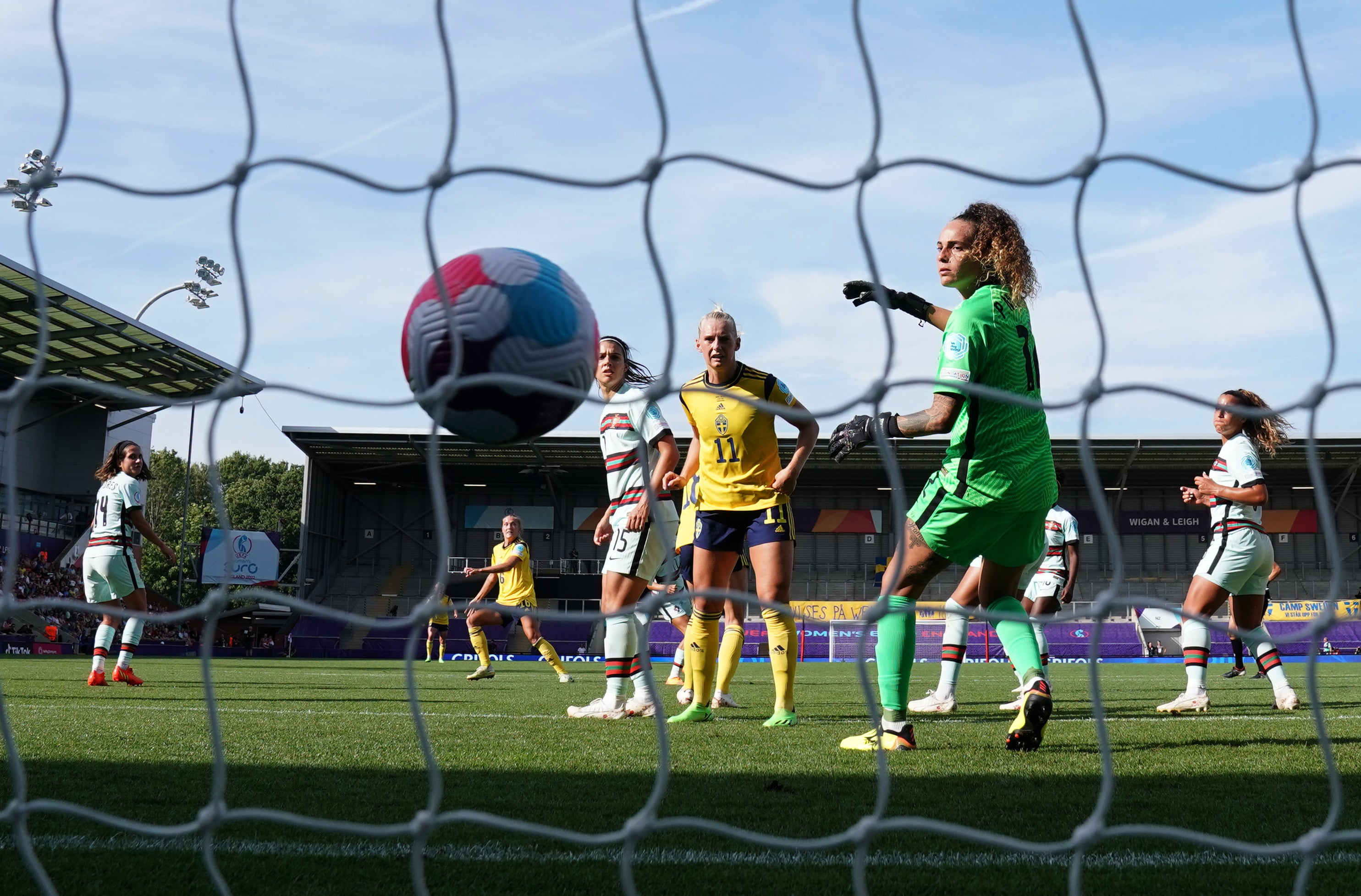 Sweden’s Filippa Angeldal, background second left, scores during her side’s 5-0 win against Portugal, which sealed their place in the Euro 2022 quarter-finals (Nick Potts/PA)