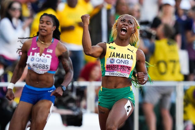 <p>Jamaica’s Fraser-Pryce celebrates her fifth 100m world title</p>