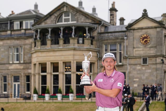 Cameron Smith celebrates with the Claret Jug after winning The Open at St Andrews (David Davies/PA)