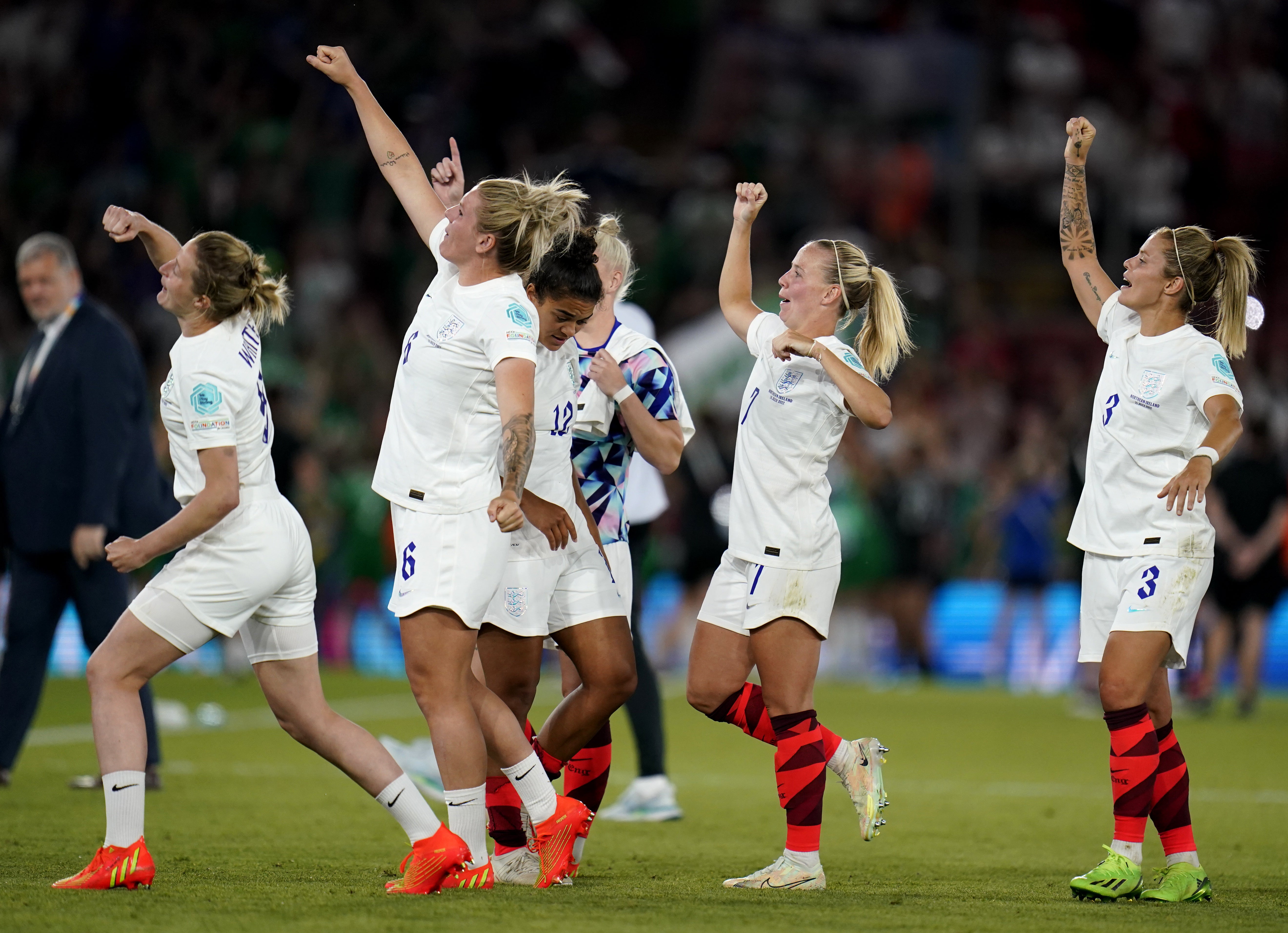England celebrate after beating Northern Ireland 5-0 on Friday night to finish top of their group with a 100 per cent record and without conceding a goal at Euro 2022