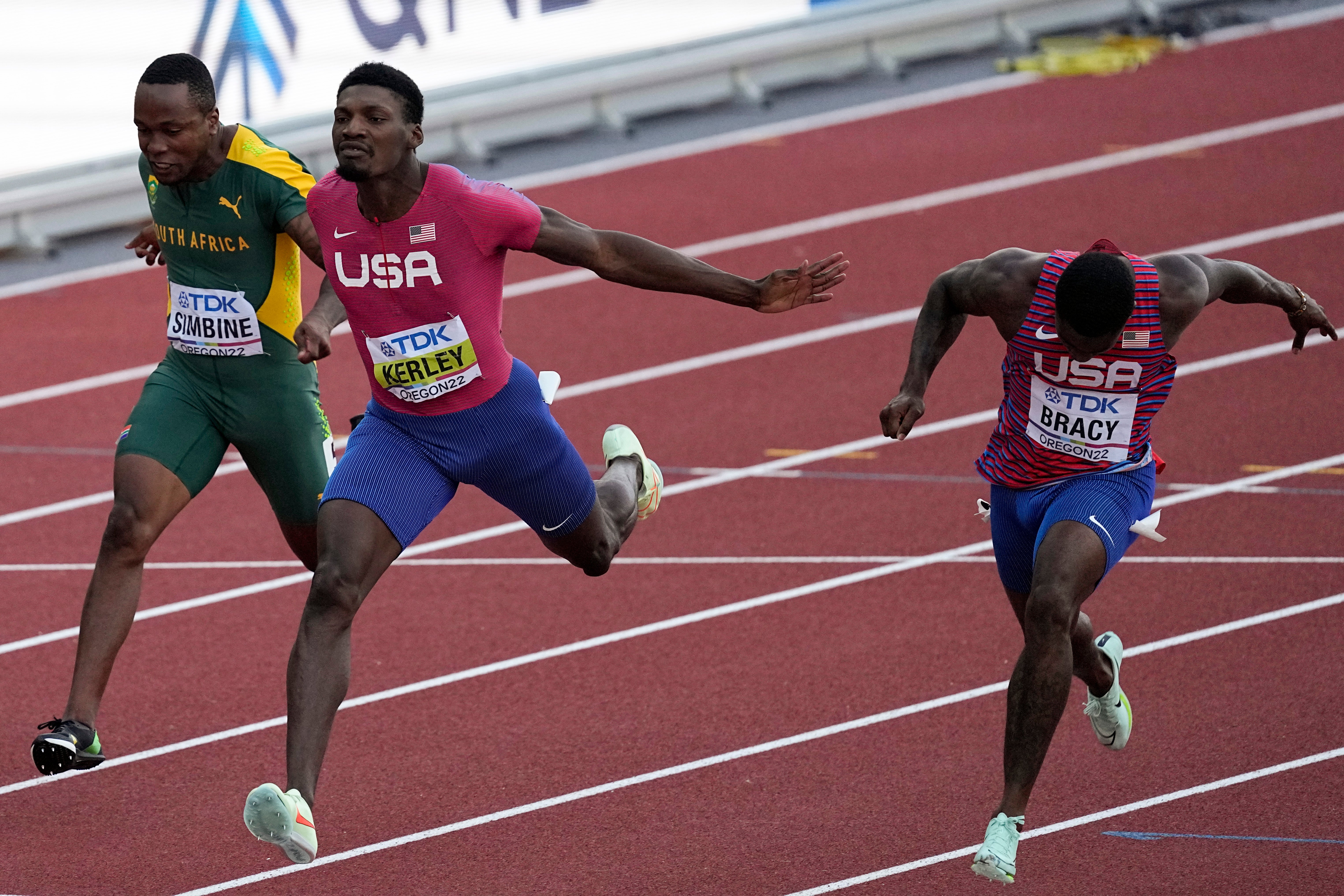 Fred Kerley led home a USA one, two, three in the final of the men’s 100 metres (Gregory Bull/AP)