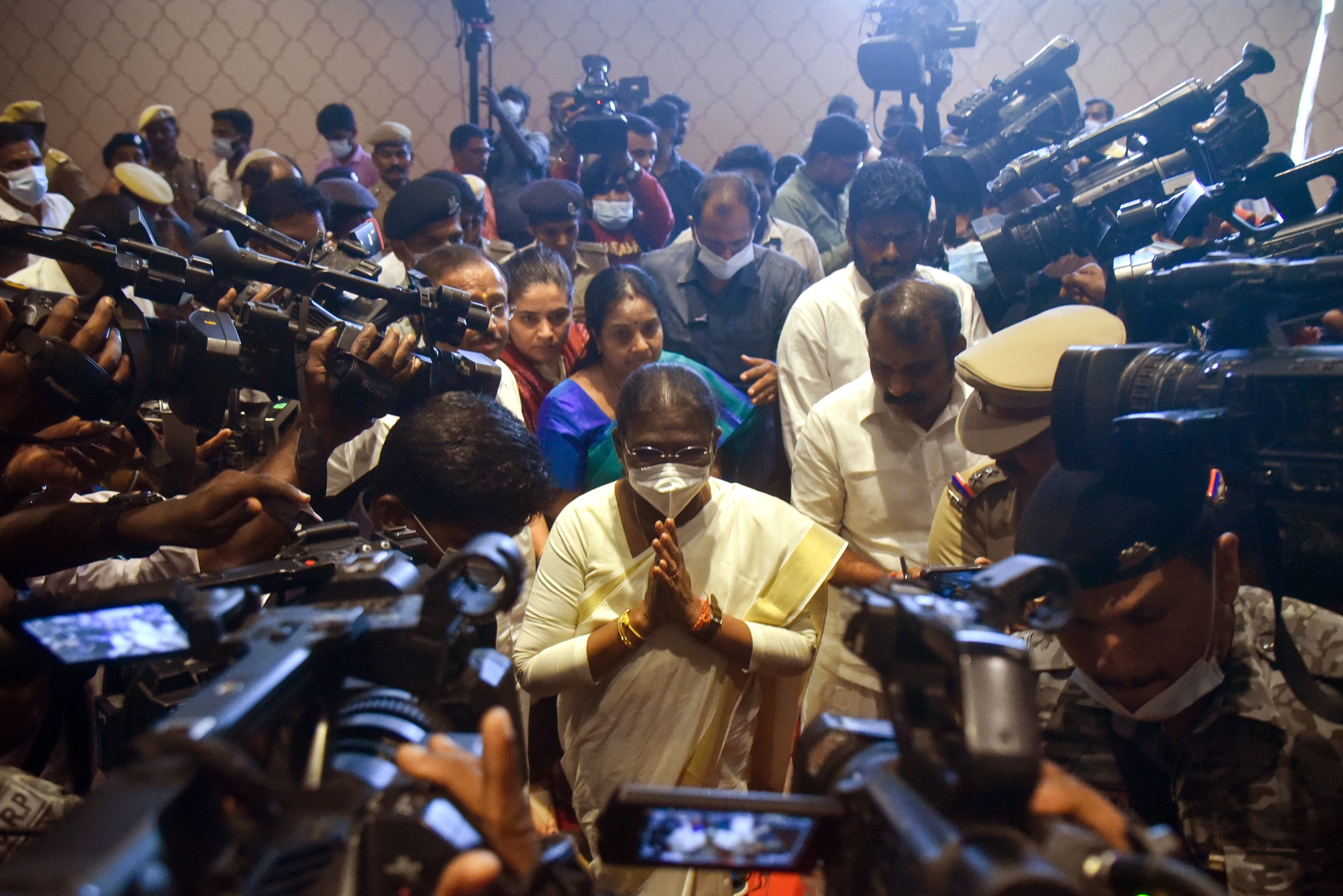 Droupadi Murmu arrives for a meeting with coalition party leaders to seek their support for the upcoming 2022 Indian presidential elections, in Chennai on 2 July