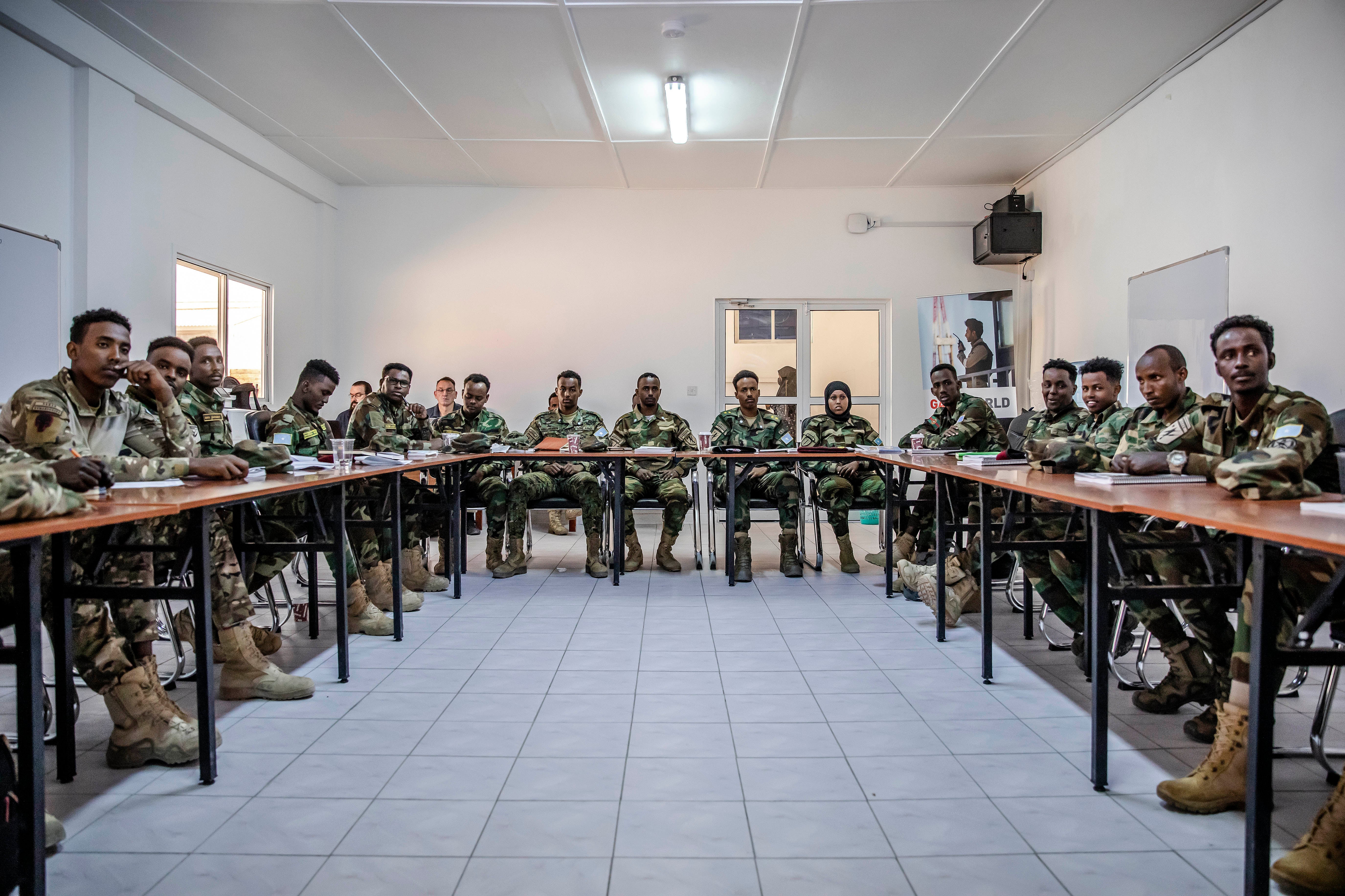 Members of the Somali army's Danab commando unit attend a training session led by US army officers in Mogadishu