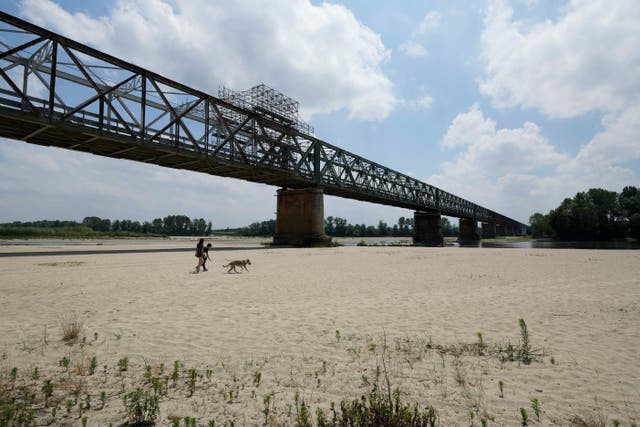 <p>A view of the Po riverbed under Ponte della Becca shows the effects of the drought</p>