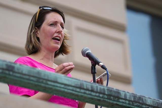 <p>Dr Caitlin Bernard at an abortion rights rally in Indiana last month</p>