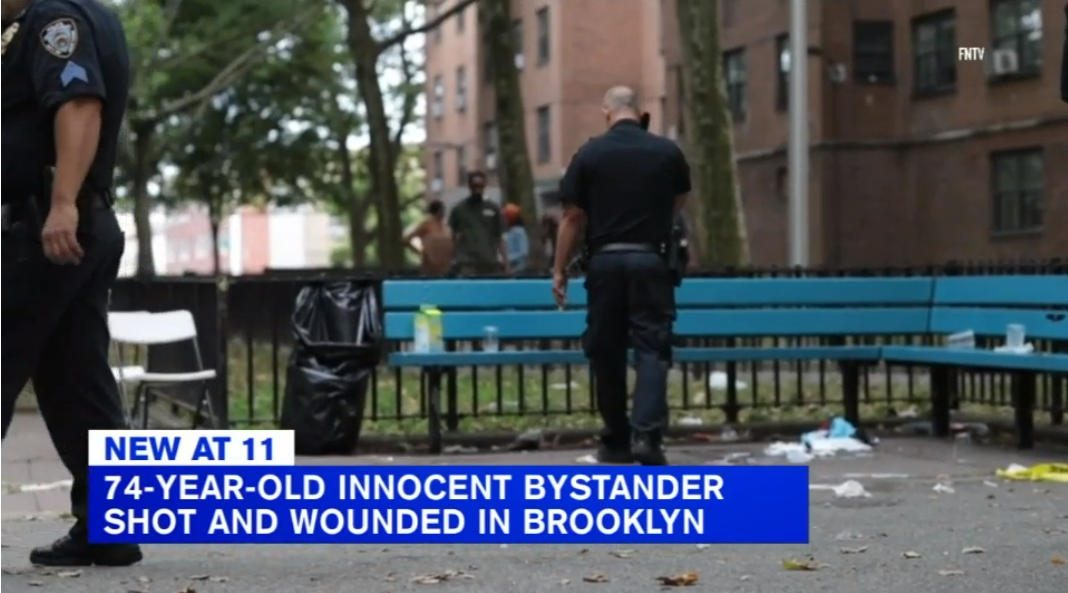 A 74-year-old woman was shot and wounded while she was sitting on a bench outside an apartment complex in Brooklyn on Sunday night, police said