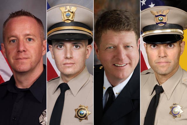 <p>From left to right: Rescue Specialist Matthew King, Deputy Michael Levison, Undersheriff Larry Koren and Lt Fred Beers were all killed in a helicopter crash in New Mexico after assisting with putting out a wildfire in the Las Vegas area</p>