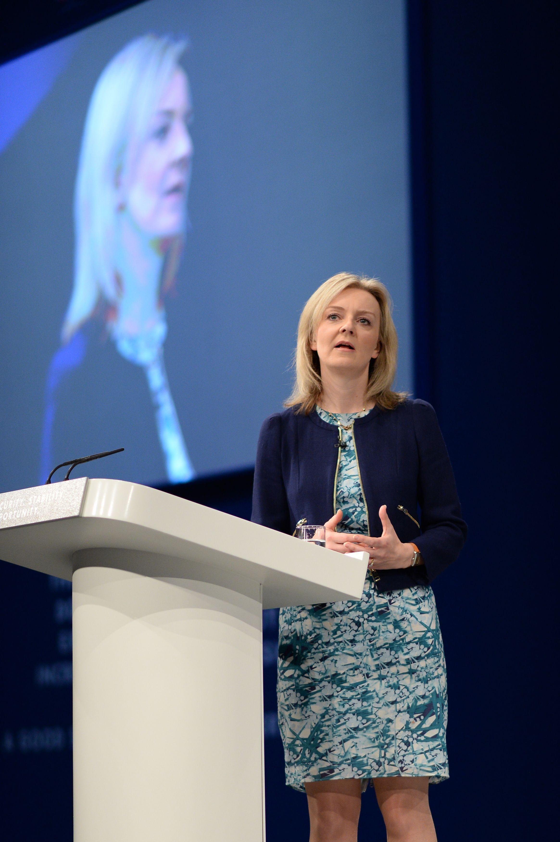 Liz Truss, Secretary of State for Environment, Food and Rural Affairs addresses the Conservative Party conference in Manchester (Stefan Rousseau/PA)