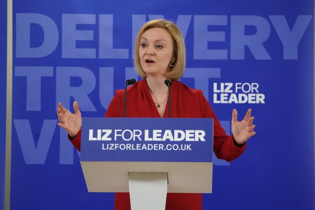 Liz Truss at the launch of her campaign to be Conservative Party leader and Prime Minister, at King’s Buildings, Smith Square, London (Kirsty O’Connor/PA)