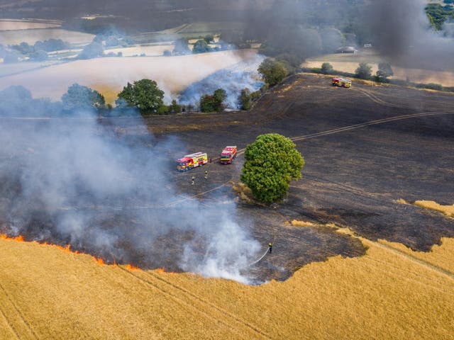 <p>Fire crews fight a wildfire near Chesterfield in Derbyshire on Monday </p>