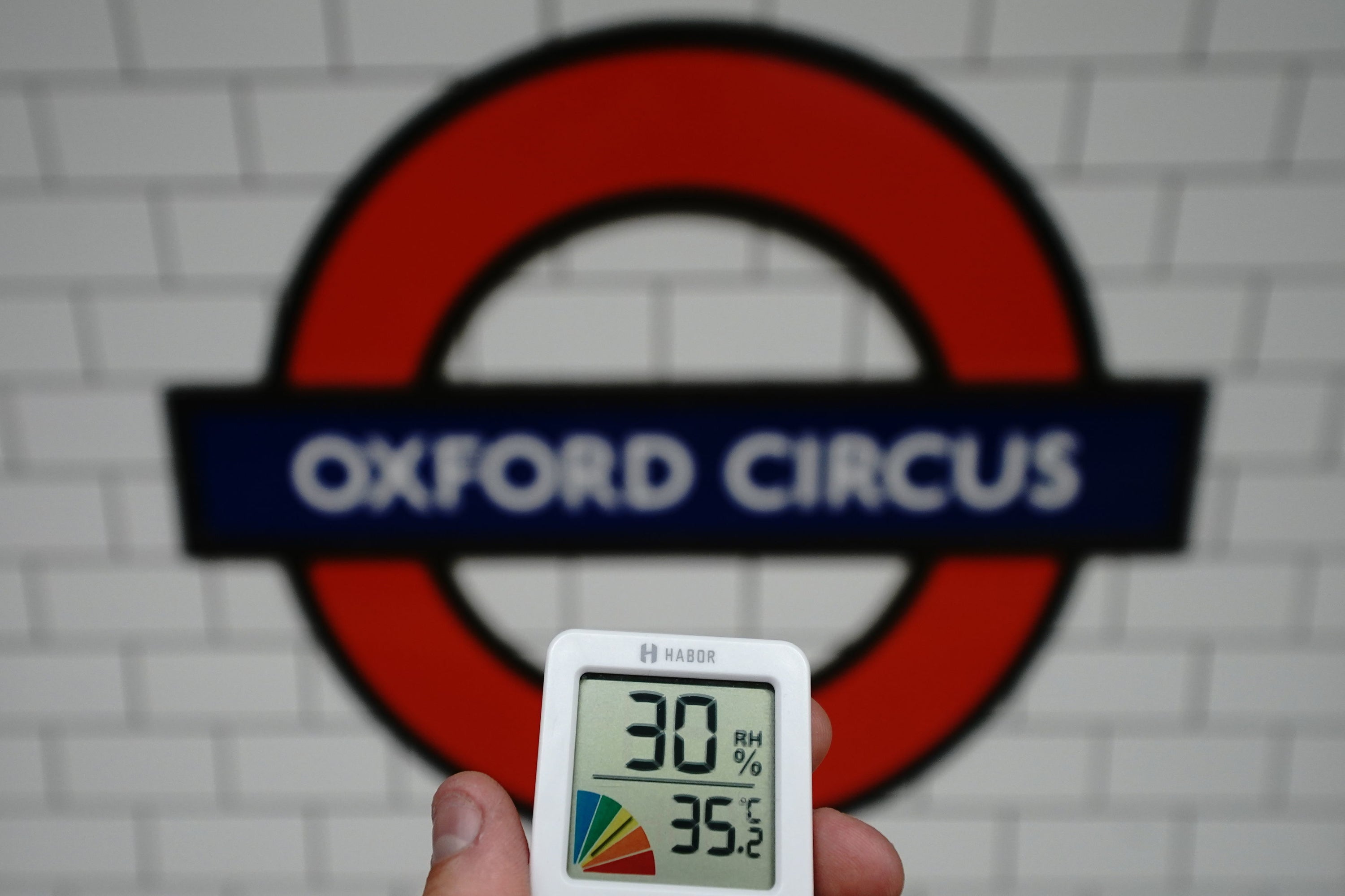 A digital thermometer displaying the temperature at Oxford Circus station as the country basks in a heatwave (Aaron Chown/PA)