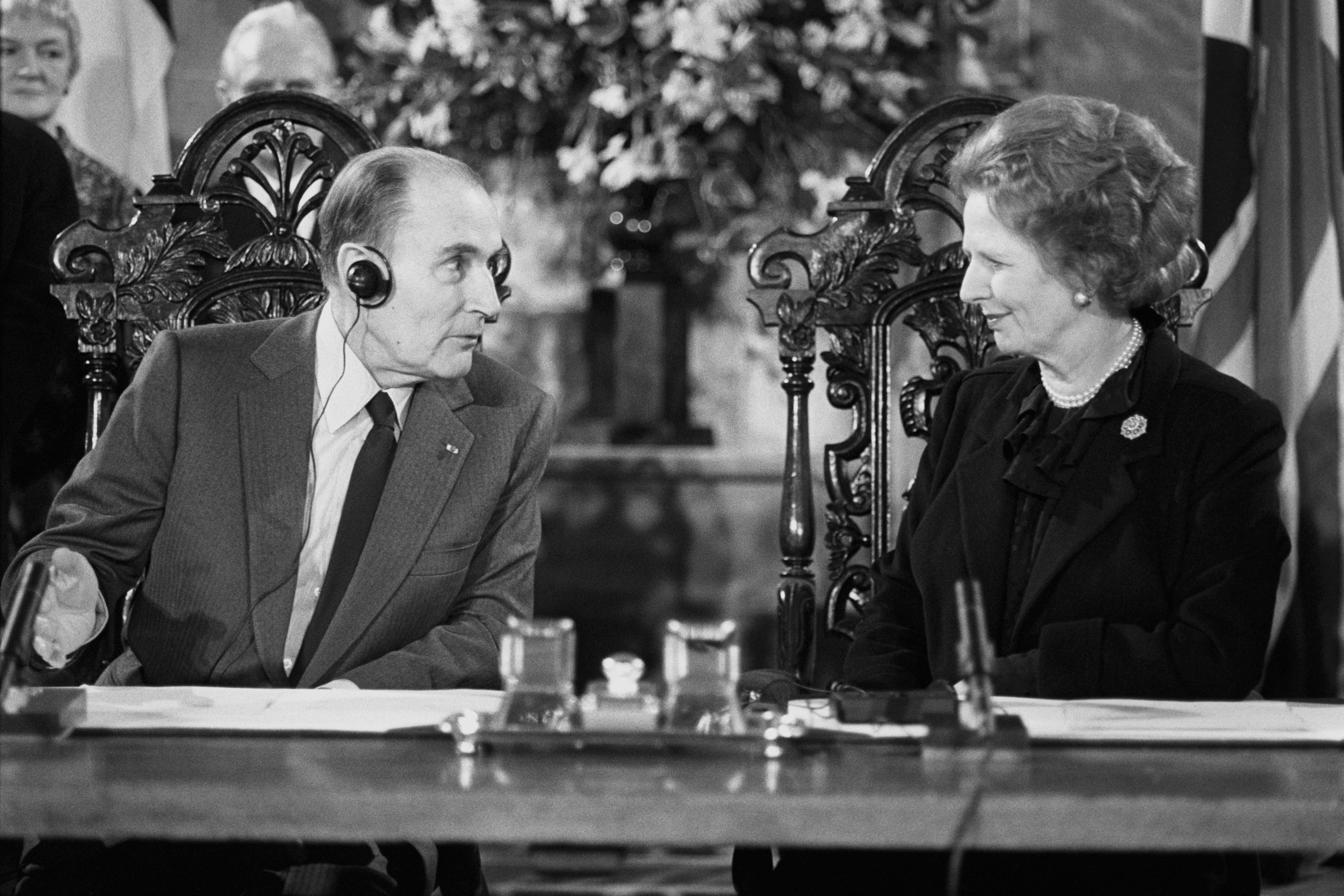 Prime minister Margaret Thatcher pictured with French president Francois Mitterrand in 1986