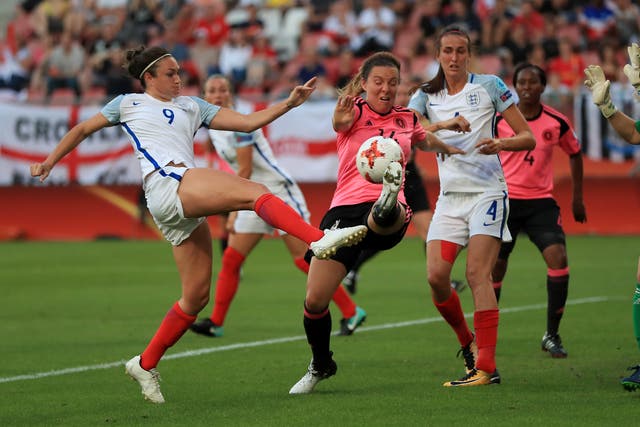 England’s Jodie Taylor, left, wrote her name into the record books at Euro 2017 (Mike Egerton/PA)
