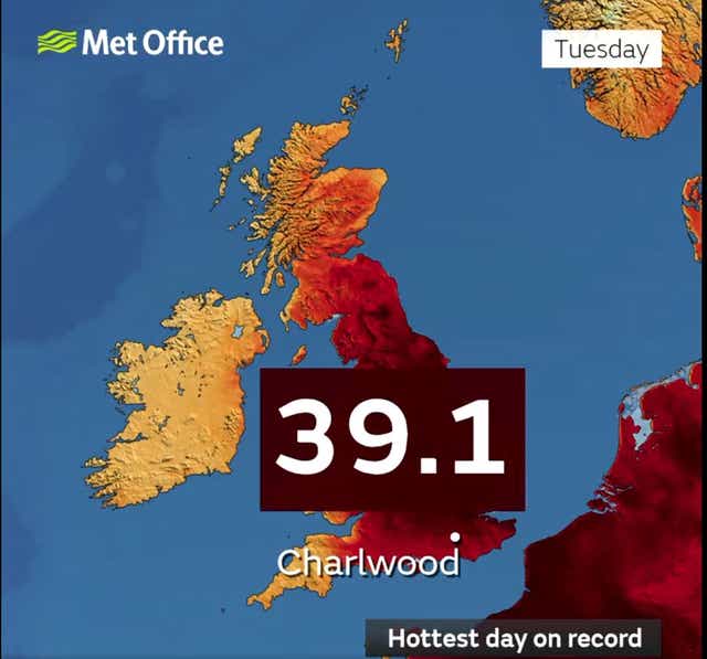 <p>Temperatures of 39.1C were recorded in Charlwood Surrey on Tuesday.  </p>