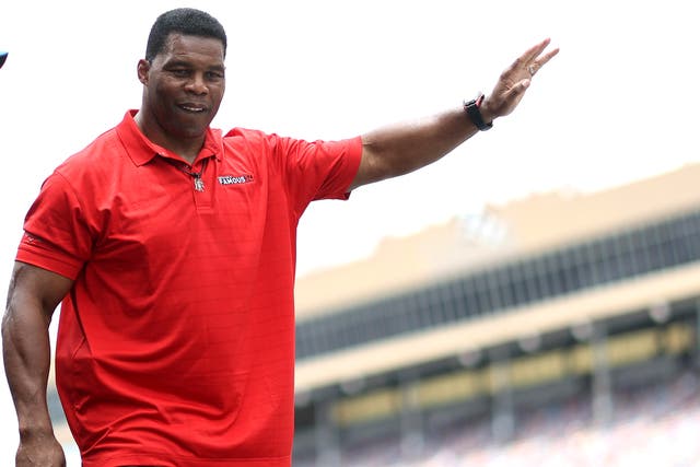 <p>Republican candidate for US Senate Herschel Walker waves to fans as he walks onstage during pre-race ceremonies prior to the NASCAR Cup Series Quaker State 400 at Atlanta Motor Speedway on July 10, 2022 in Hampton, Georgia</p>