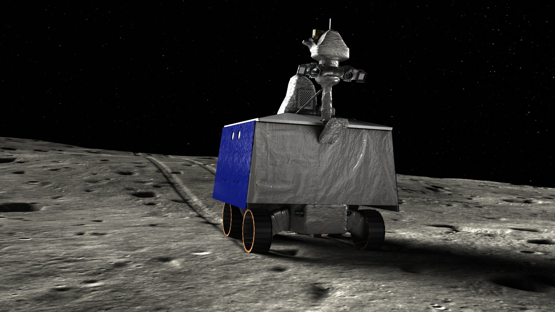 An artist’s conception of the Volatiles Investigating Polar Exploration Rover or Viper rover being built for Nasa by Astrobotic, of Pittsburg, Pennsylvania