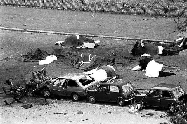 The scene in London’s Hyde Park July 20, 1982, where four soldiers and seven horses died when an IRA bomb was detonated as members of the Household Cavalry were passing (PA)