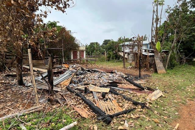 <p>A destroyed home in Daw Ngay Khu village in Kayah state, eastern Myanmar</p>